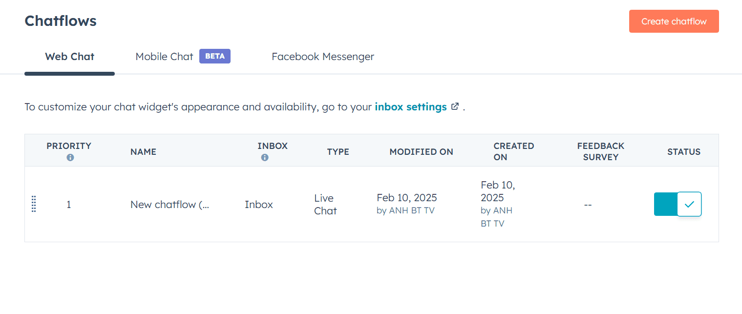 Hubspot chatflow list page