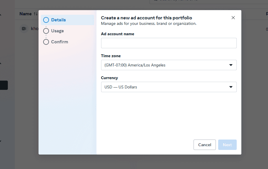 fill ads account information - facebook ads