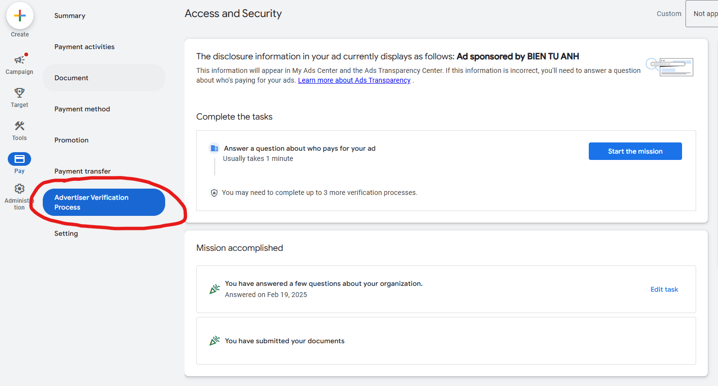verify account progress google ads