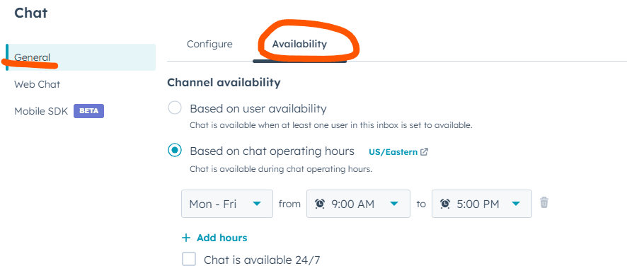 custom Hubspot live chat available time