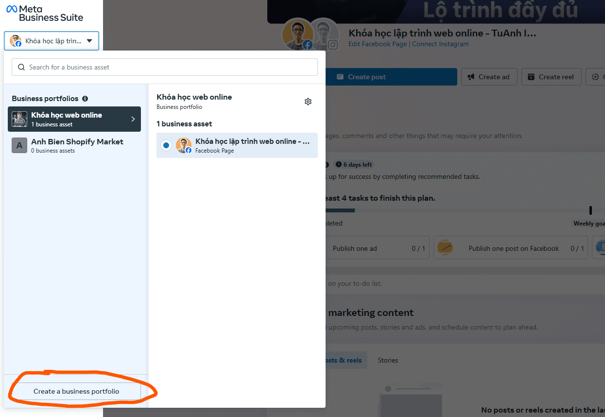 create a business portfolio button - facebook ads