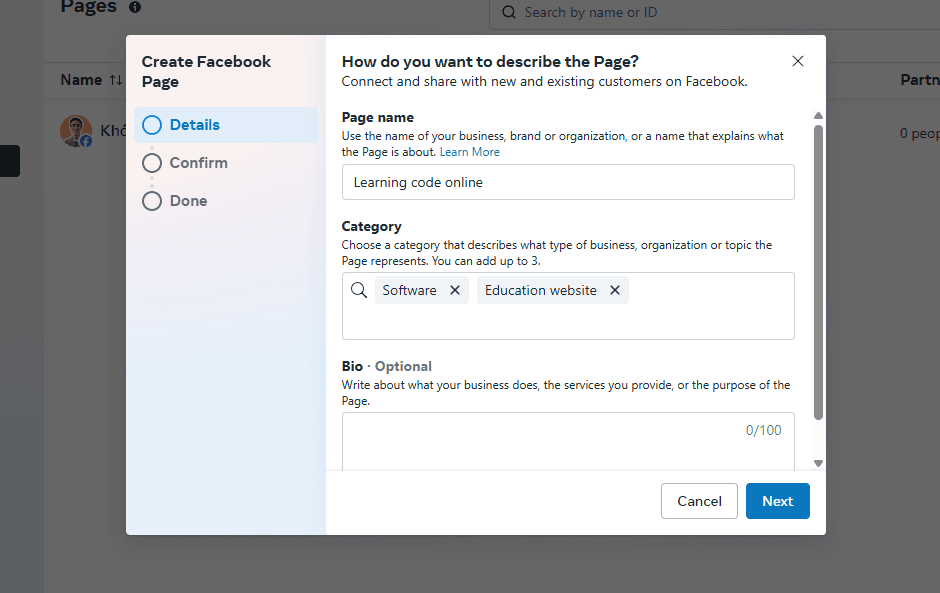fill all page info - facebook ads