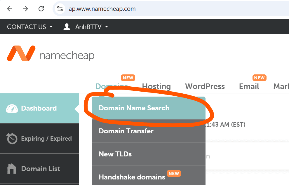 search domain on Namecheap