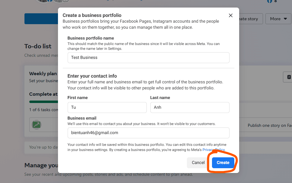 create a business portfolio form - facebook ads