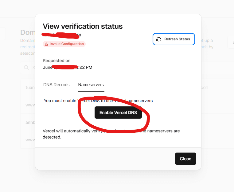 setup domain issues on Vercel
