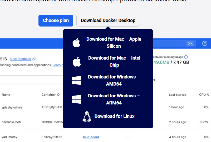 docker desktop version options