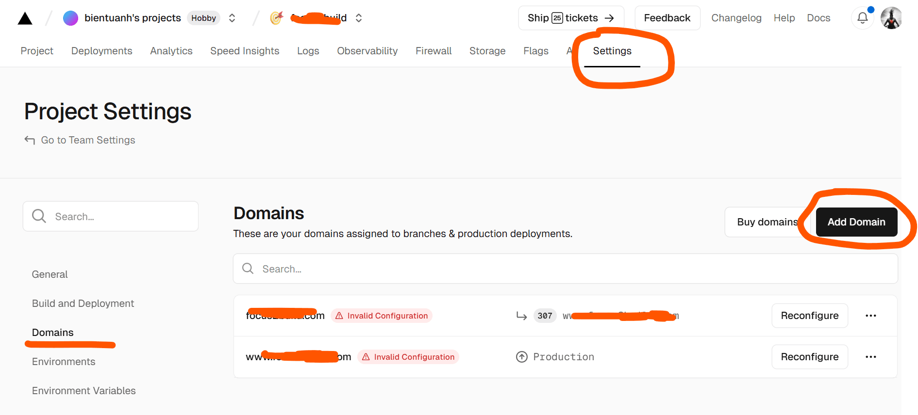 add custom domain on Vercel