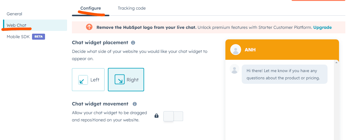 custom Hubspot live chat position
