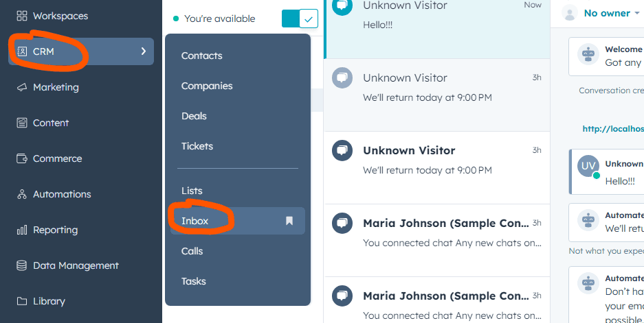 Hubspot inbox section