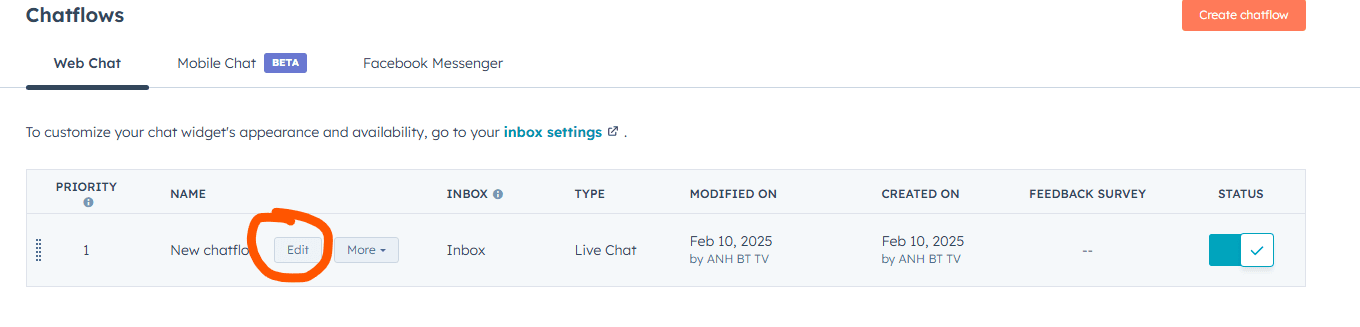 Hubspot chatflow settings